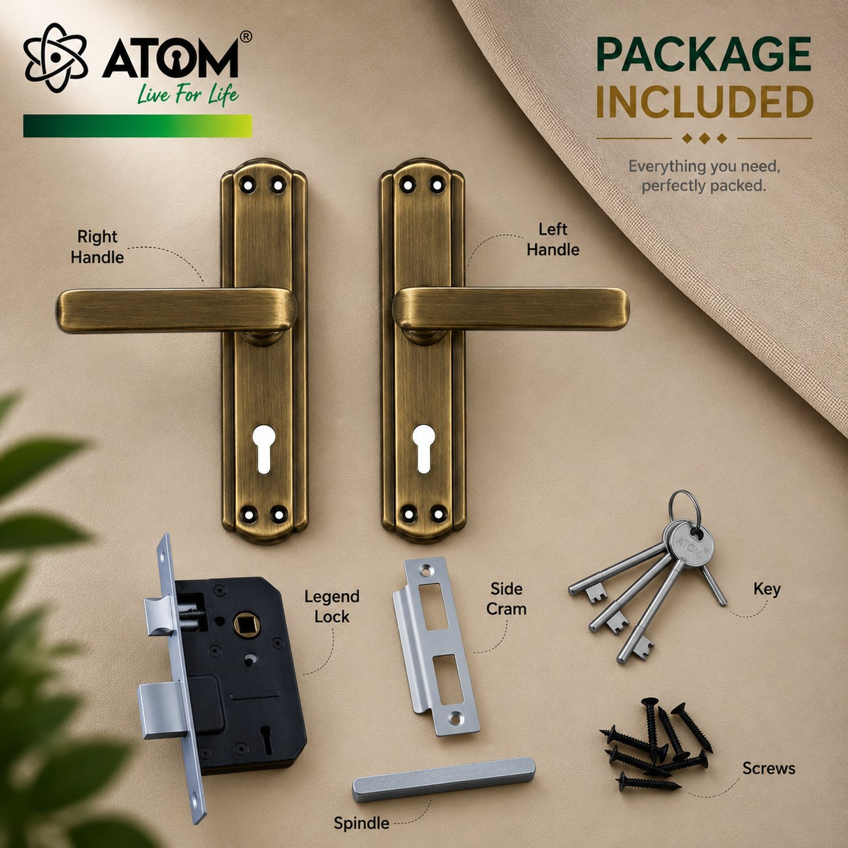Iron Mortise Door Handle Set with Lock Body, Finish Black Silver, Brass Antique, Silver Gold, CP Matt & Black Gold (3 Keys) (6 Lever Double Stage) (8 Inch) (606-KY)