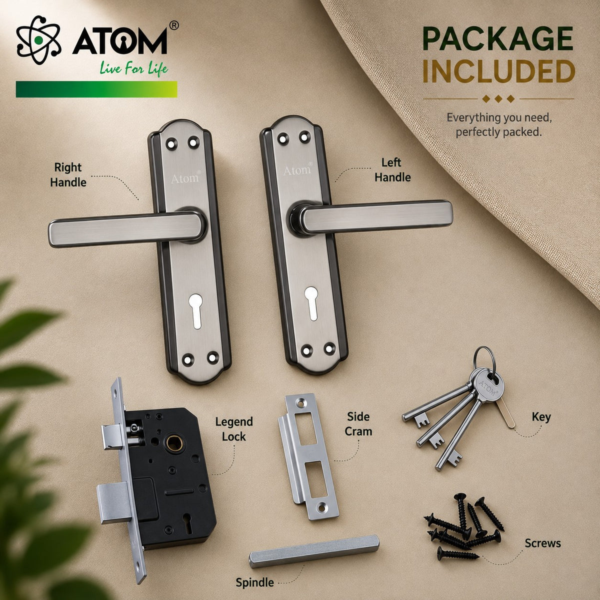 Iron Mortise Door Handle Set with Lock Body, Finish Black Silver, Brass Antique, Silver Gold, CP Matt & Black Gold (3 Keys) (6 Lever Double Stage) (8 Inch) (606-KY)