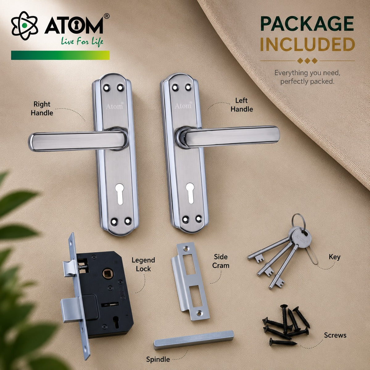 Iron Mortise Door Handle Set with Lock Body, Finish Black Silver, Brass Antique, Silver Gold, CP Matt & Black Gold (3 Keys) (6 Lever Double Stage) (8 Inch) (606-KY)