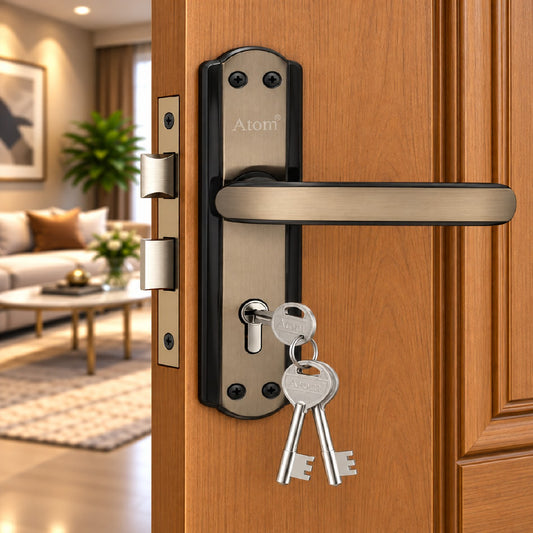 Iron Mortise Door Handle Set with Lock Body, Finish Black Silver, Brass Antique, Silver Gold, CP Matt & Black Gold (3 Keys) (6 Lever Double Stage) (8 Inch) (606-KY)