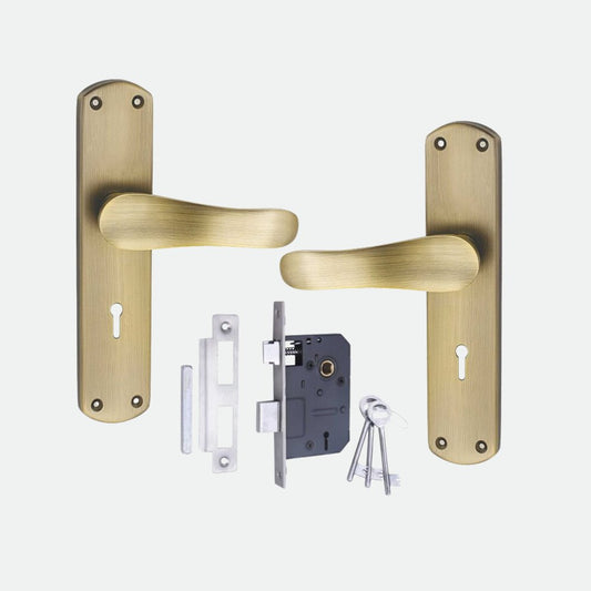 Iron Mortise Door Handle Set with Lock Body, Finish Brass Antique & CP Matt (3 Keys) (6 Lever Double Stage Lockset) (8 Inch) (804-KY)
