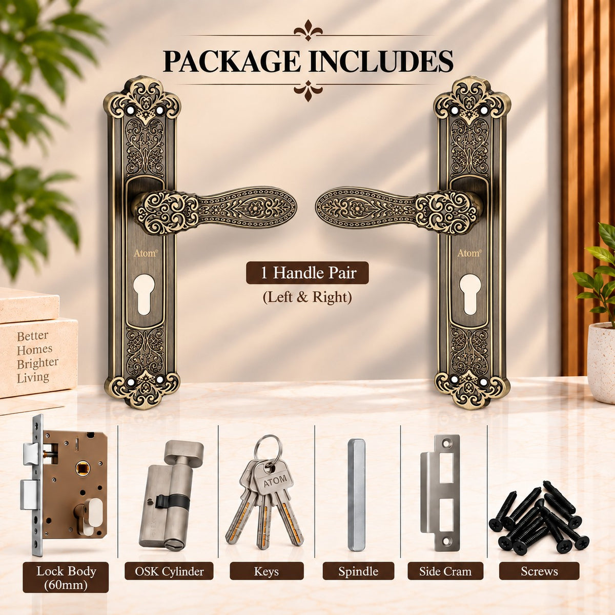 Atom 10 inch Heavy Duty Zinc Mortise Door Lock for Bedroom, Living Room, Main Door, Home door, Doors |  Finish Brass Antique |  Lockset for House Hotel Office O-49