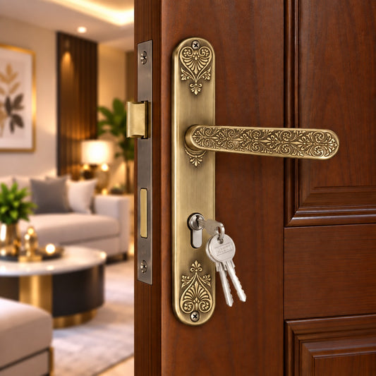 Triveni 10.5 Inch Mortise Handle Set with Key Lock, Antique Finish Zinc Door Lock (1 Side Key Operation) (MH-TRI)