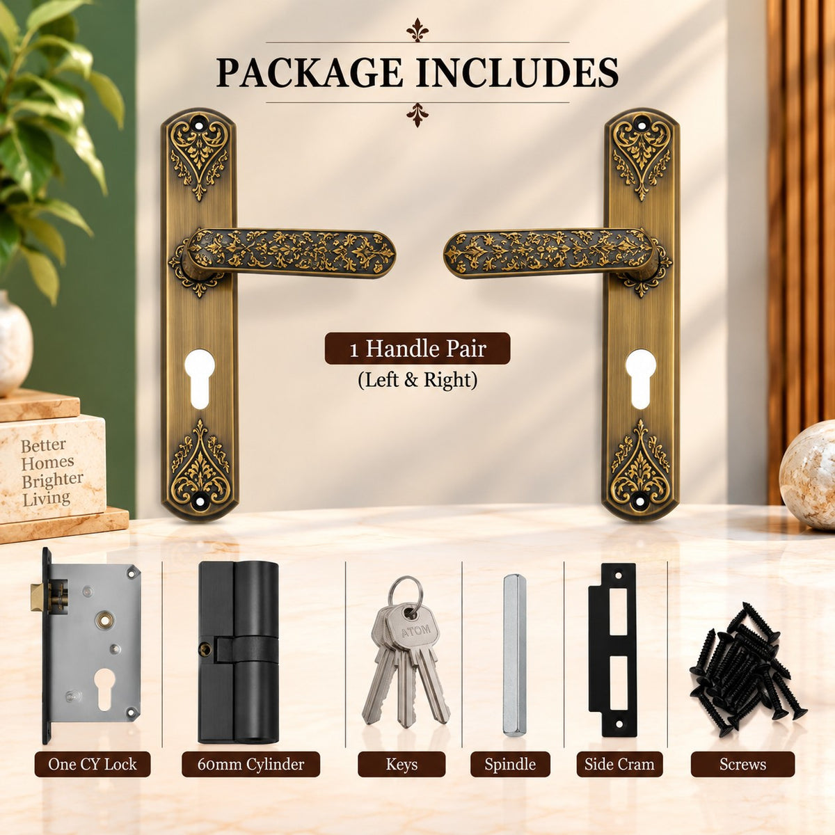 Triveni 10.5 Inch Mortise Handle Set with Key Lock, Antique Finish Zinc Door Lock (1 Side Key Operation) (MH-TRI)