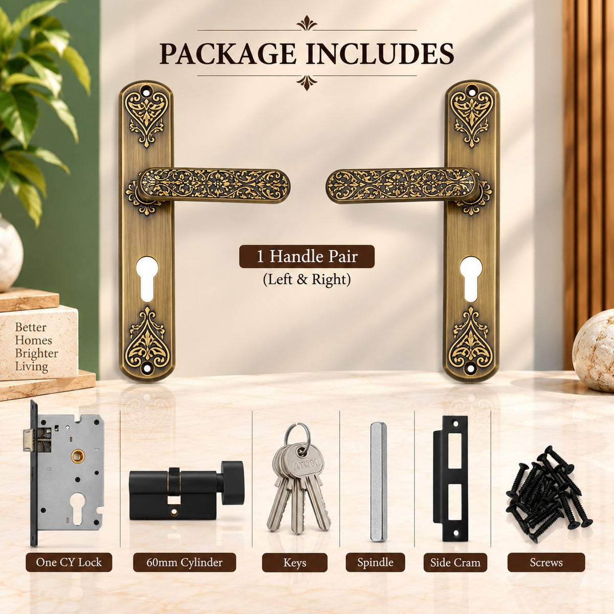 Triveni 10.5 Inch Mortise Handle Set with Key Lock, Antique Finish Zinc Door Lock (1 Side Key Operation) (MH-TRI)