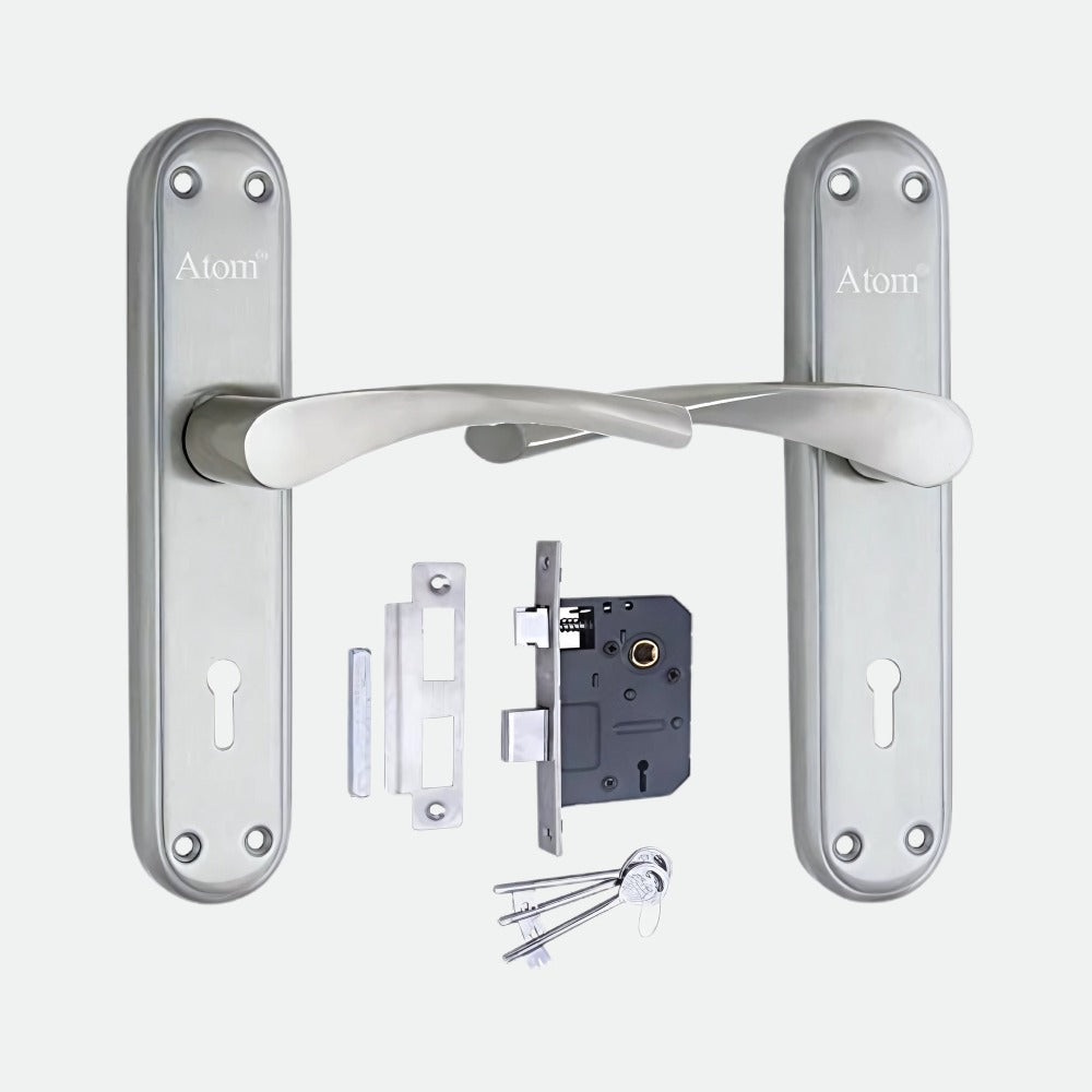 Mortise Door Handle Set with Lock Body, 3 Keys, Silver Satin Finish (7.5 inch) (Innova-Ky)