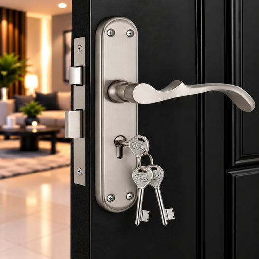 Mortise Door Handle Set with Lock Body, Silver Satin , Antique Finish (Venus)