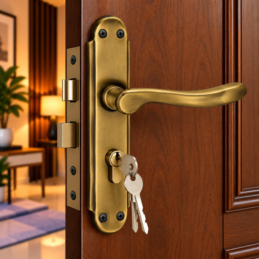 Mortise Door Handle Set with Lock Body, Silver Satin , Brass Antique Finish (Alfa)