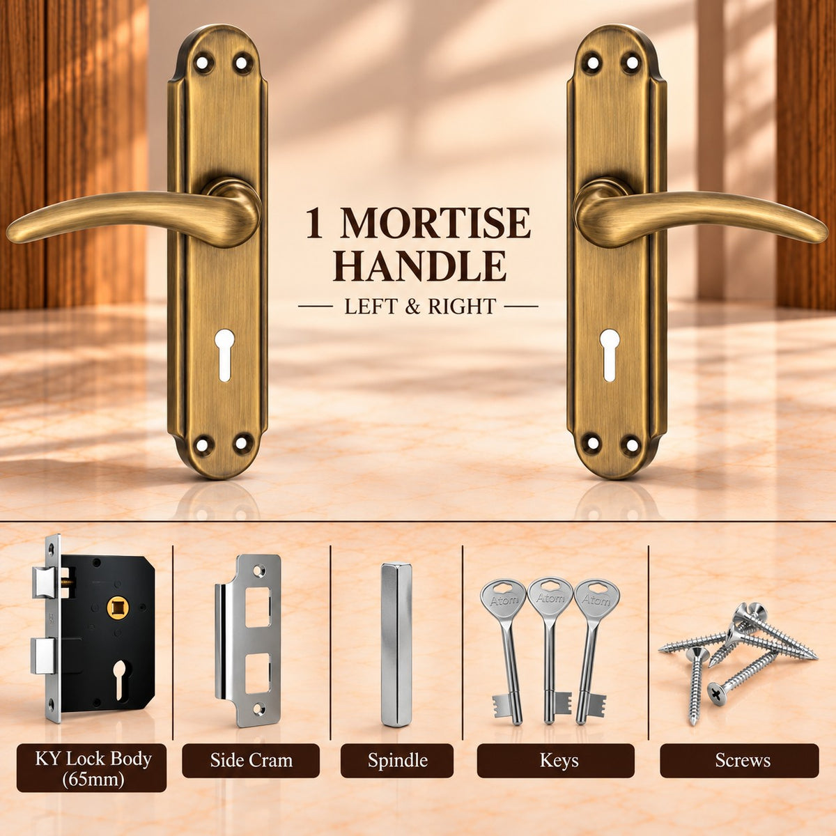 Mortise Door Handle Set with Lock Body, Silver Satin , Brass Antique Finish (Gama)