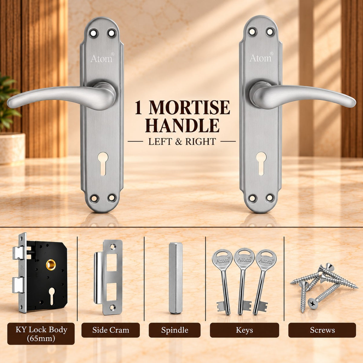 Mortise Door Handle Set with Lock Body, Silver Satin , Brass Antique Finish (Gama)