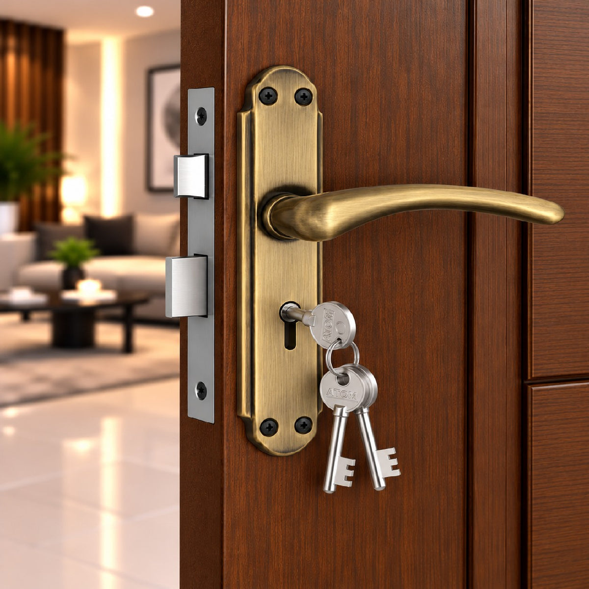 Mortise Door Handle Set with Lock Body, Silver Satin , Brass Antique Finish (Gama)