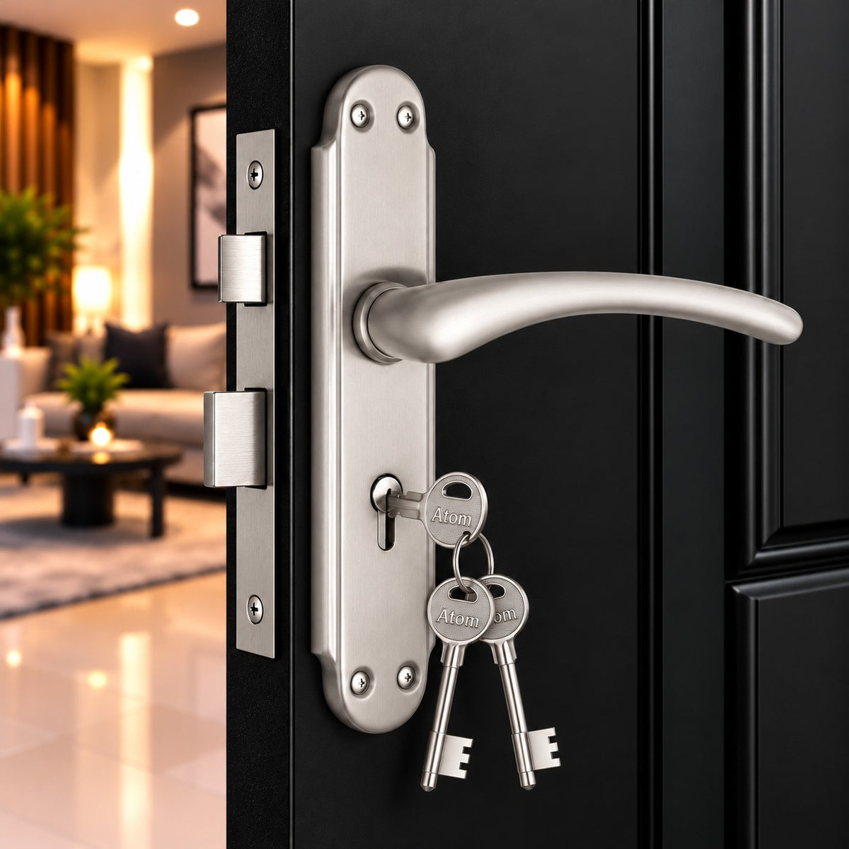 Mortise Door Handle Set with Lock Body, Silver Satin , Brass Antique Finish (Gama)