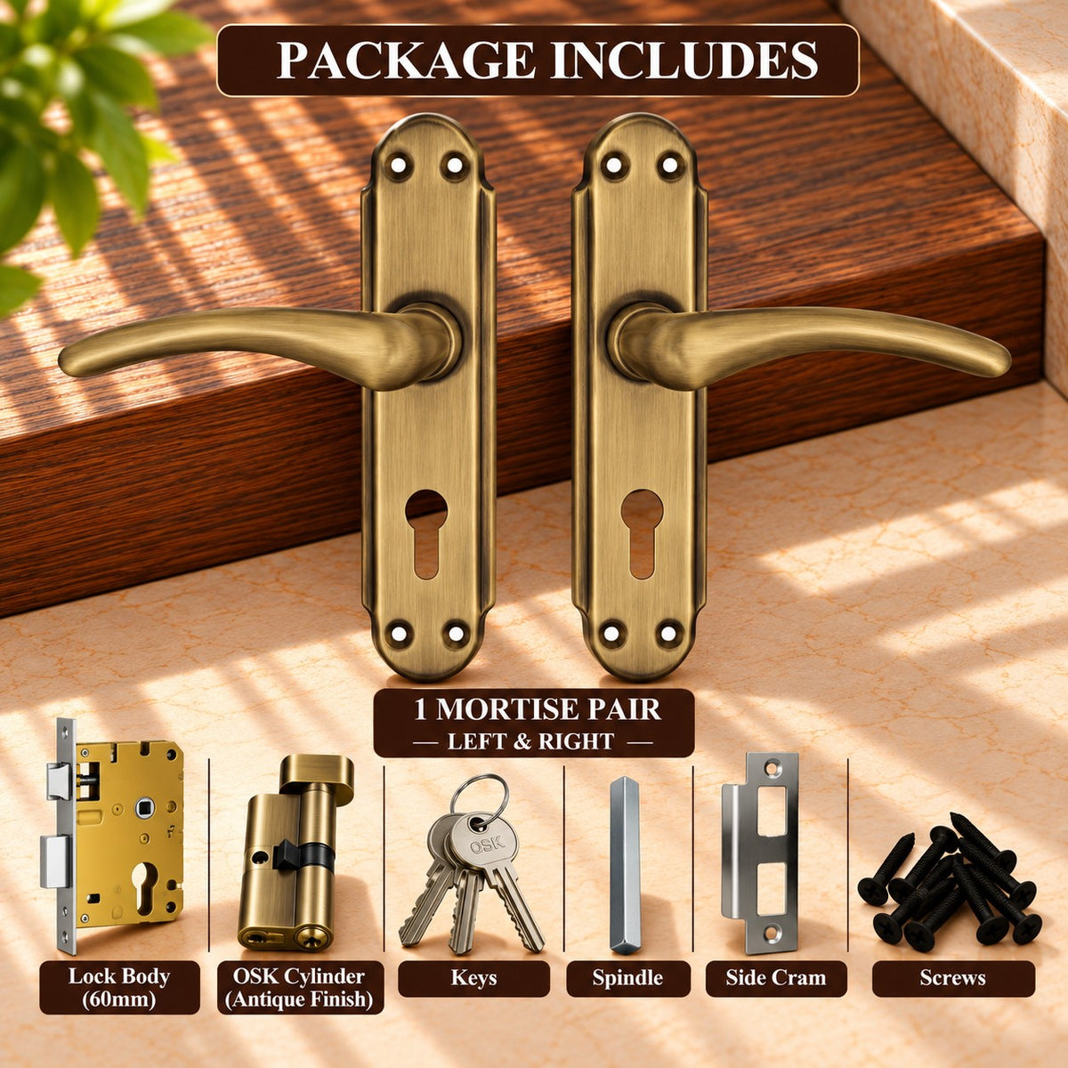 Mortise Door Handle Set with Lock Body, Silver Satin , Brass Antique Finish (Gama)