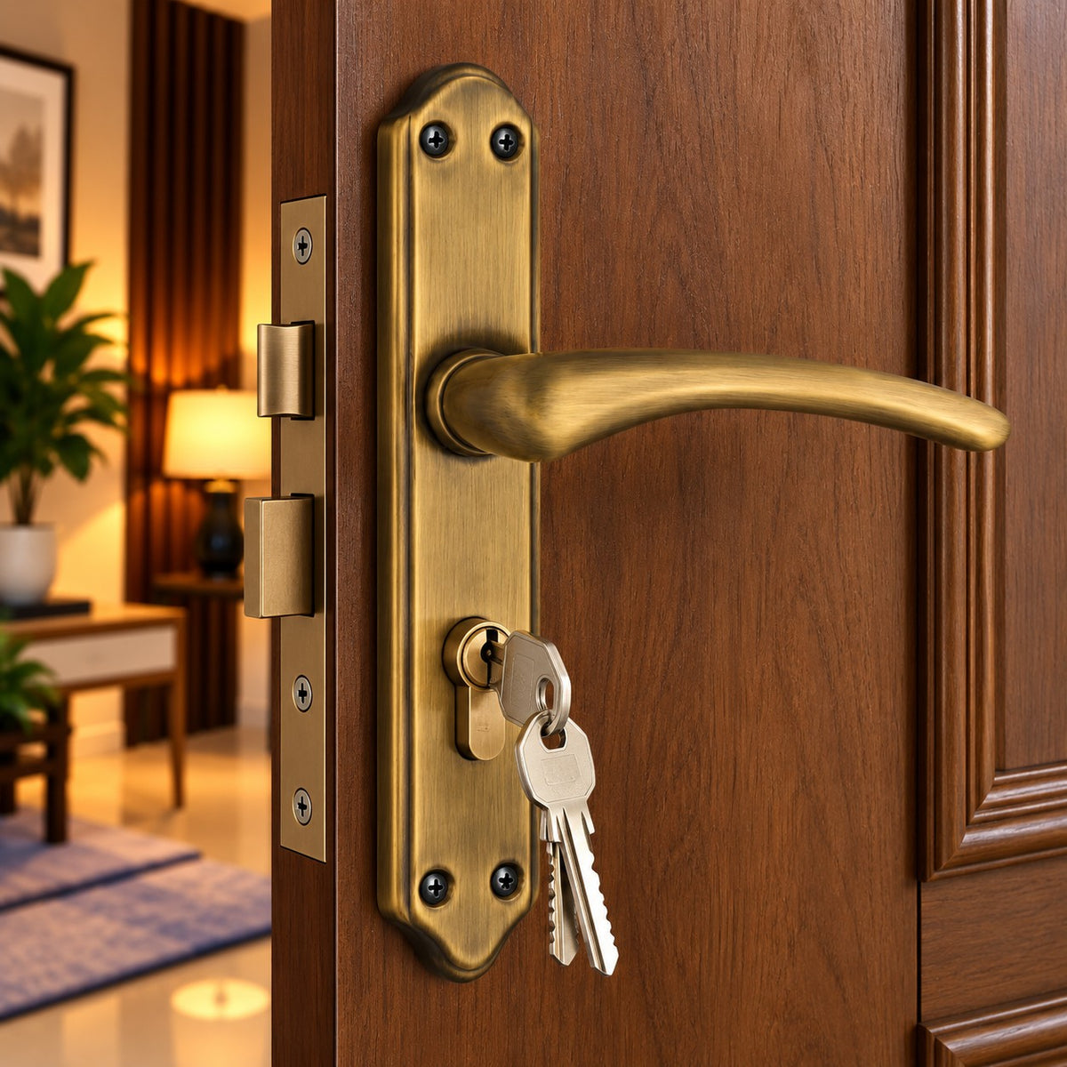 Mortise Door Handle Set with Lock Body, Silver Satin , Brass Antique Finish (Gama)