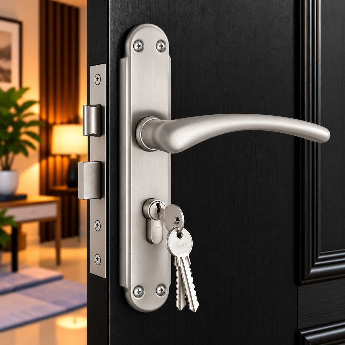 Mortise Door Handle Set with Lock Body, Silver Satin , Brass Antique Finish (Gama)