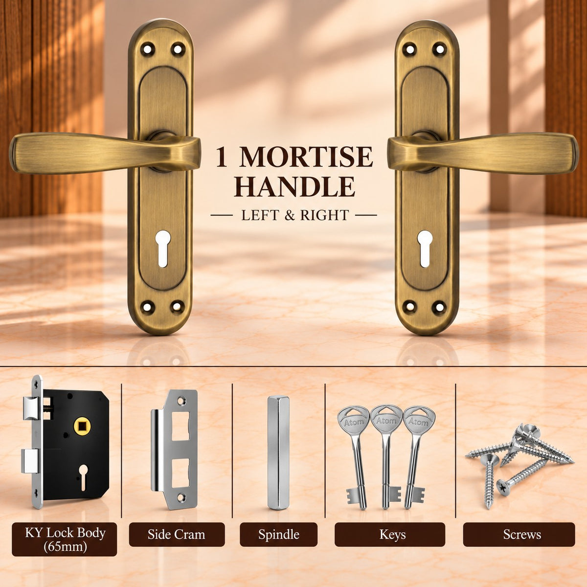 Mortise Door Handle Set with Lock Body, Silver Satin , Brass Antique Finish (Panda)