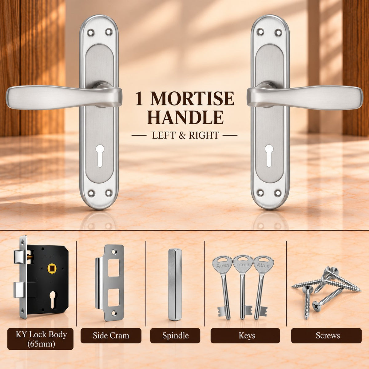 Mortise Door Handle Set with Lock Body, Silver Satin , Brass Antique Finish (Panda)