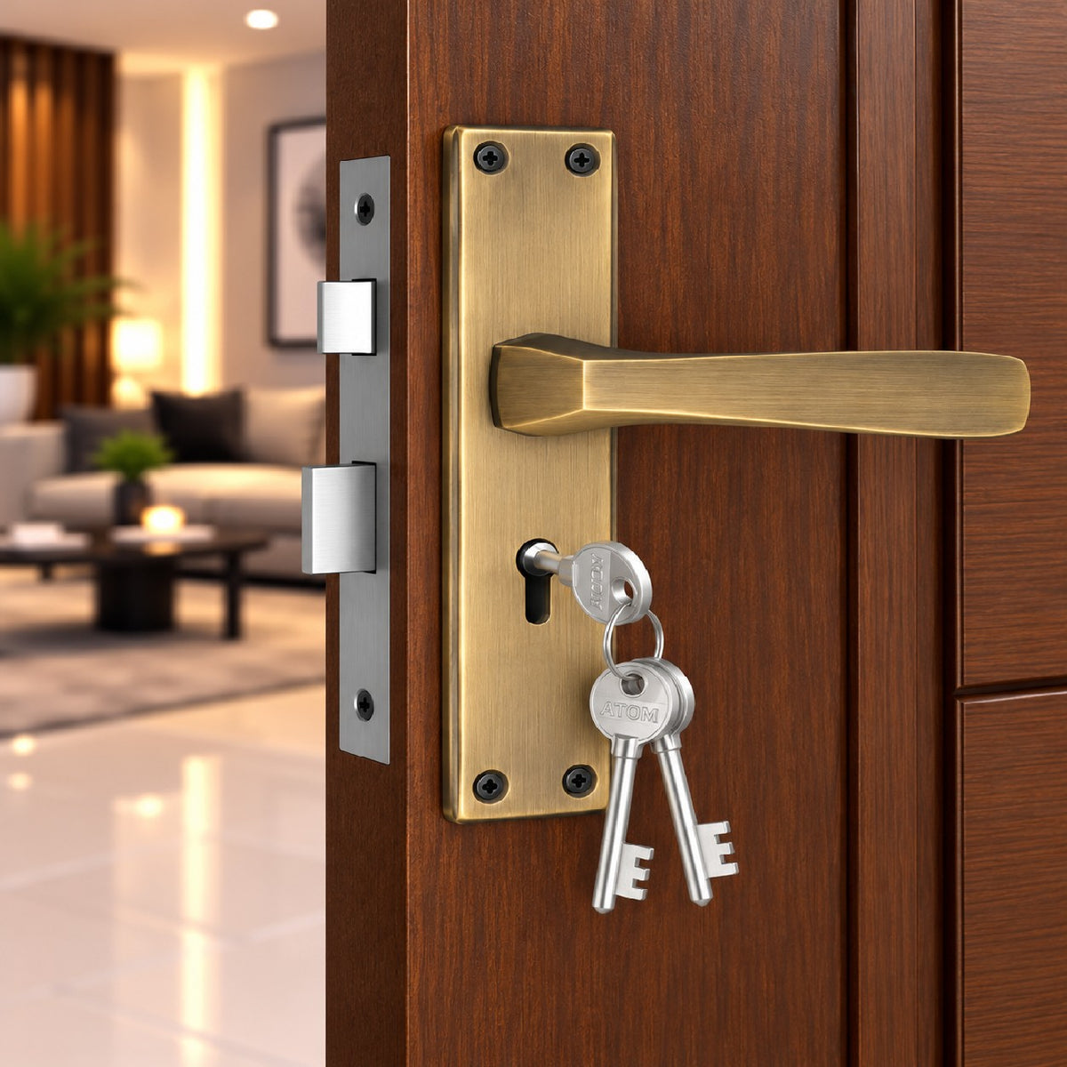 Mortise Door Handle Set with Lock Body, Silver Satin , Brass Antique Finish (Panda)