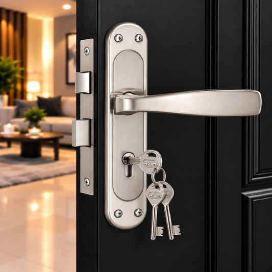 Mortise Door Handle Set with Lock Body, Silver Satin , Brass Antique Finish (Panda)