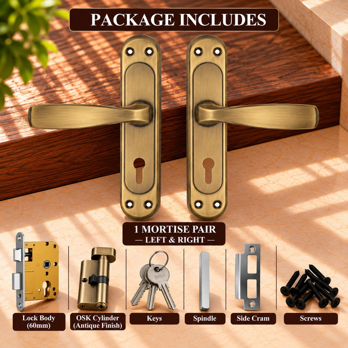 Mortise Door Handle Set with Lock Body, Silver Satin , Brass Antique Finish (Panda)