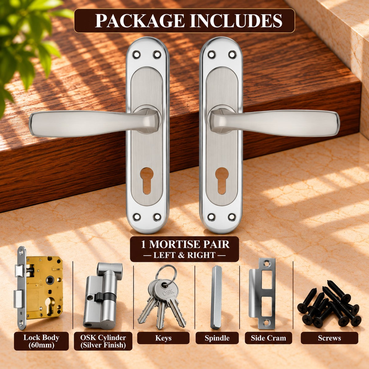 Mortise Door Handle Set with Lock Body, Silver Satin , Brass Antique Finish (Panda)