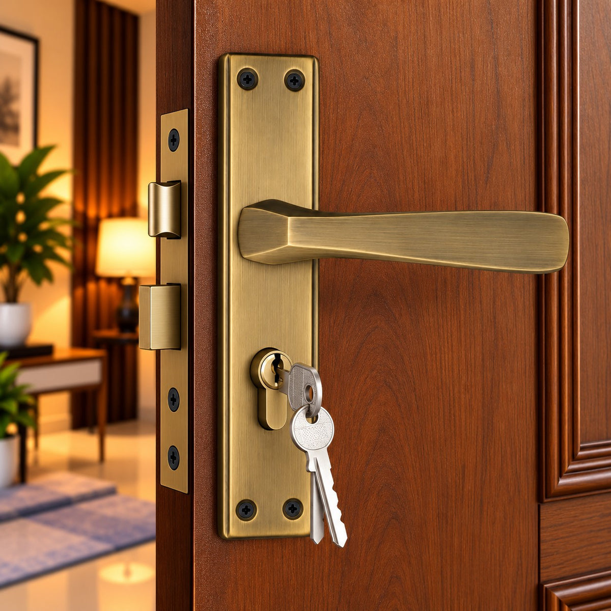 Mortise Door Handle Set with Lock Body, Silver Satin , Brass Antique Finish (Panda)