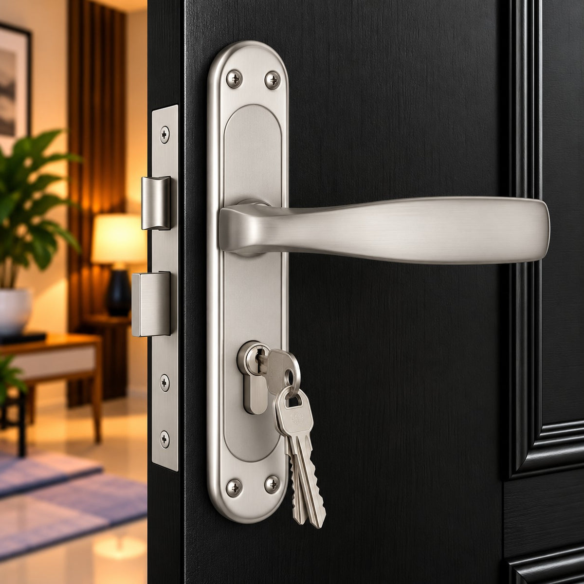 Mortise Door Handle Set with Lock Body, Silver Satin , Brass Antique Finish (Panda)