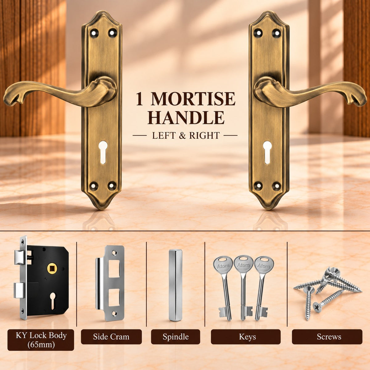 Mortise Door Handle Set with Lock Body, Silver Satin & Brass Antique Finish (Pluto)