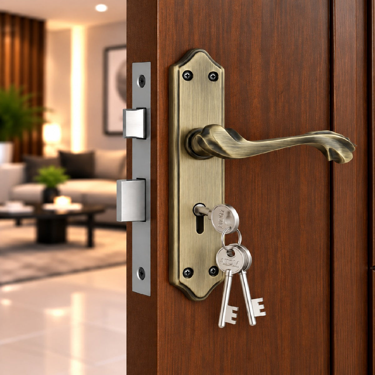 Mortise Door Handle Set with Lock Body, Silver Satin & Brass Antique Finish (Pluto)
