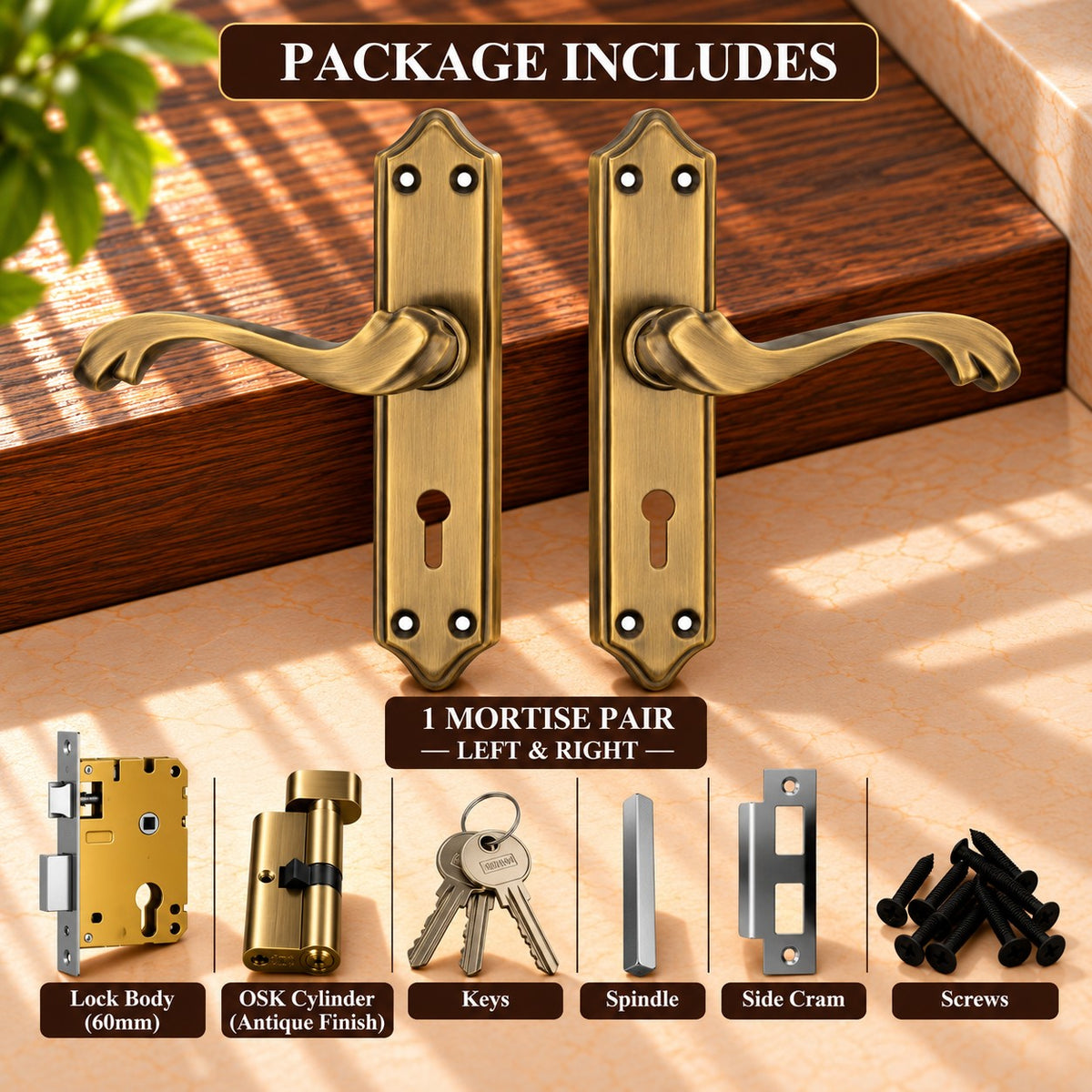 Mortise Door Handle Set with Lock Body, Silver Satin & Brass Antique Finish (Pluto)