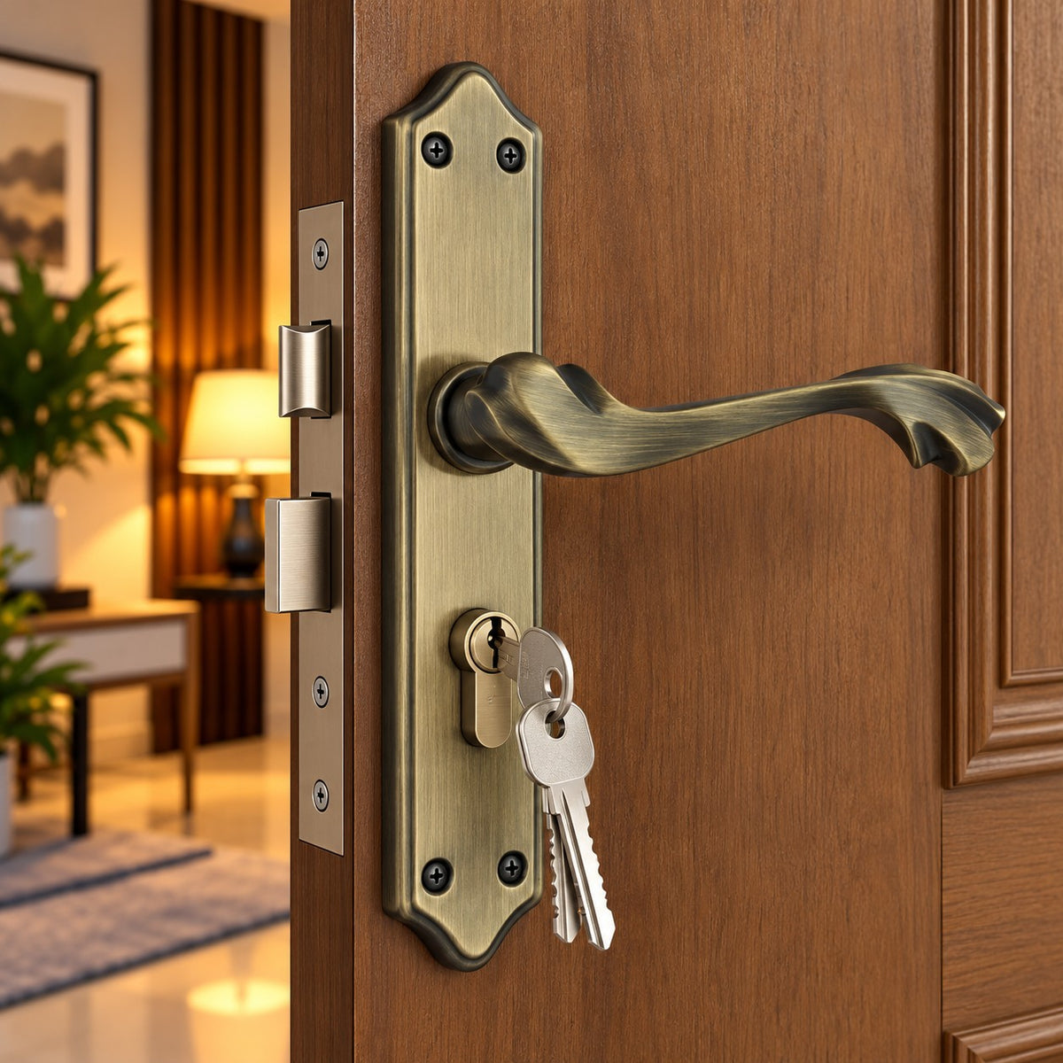 Mortise Door Handle Set with Lock Body, Silver Satin & Brass Antique Finish (Pluto)