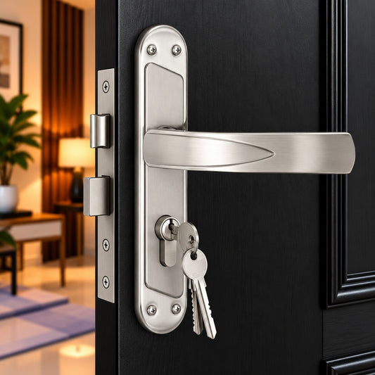 Mortise Door Handle Set with Lock Body, Silver Satin , Brass Antique Finish (Teana)