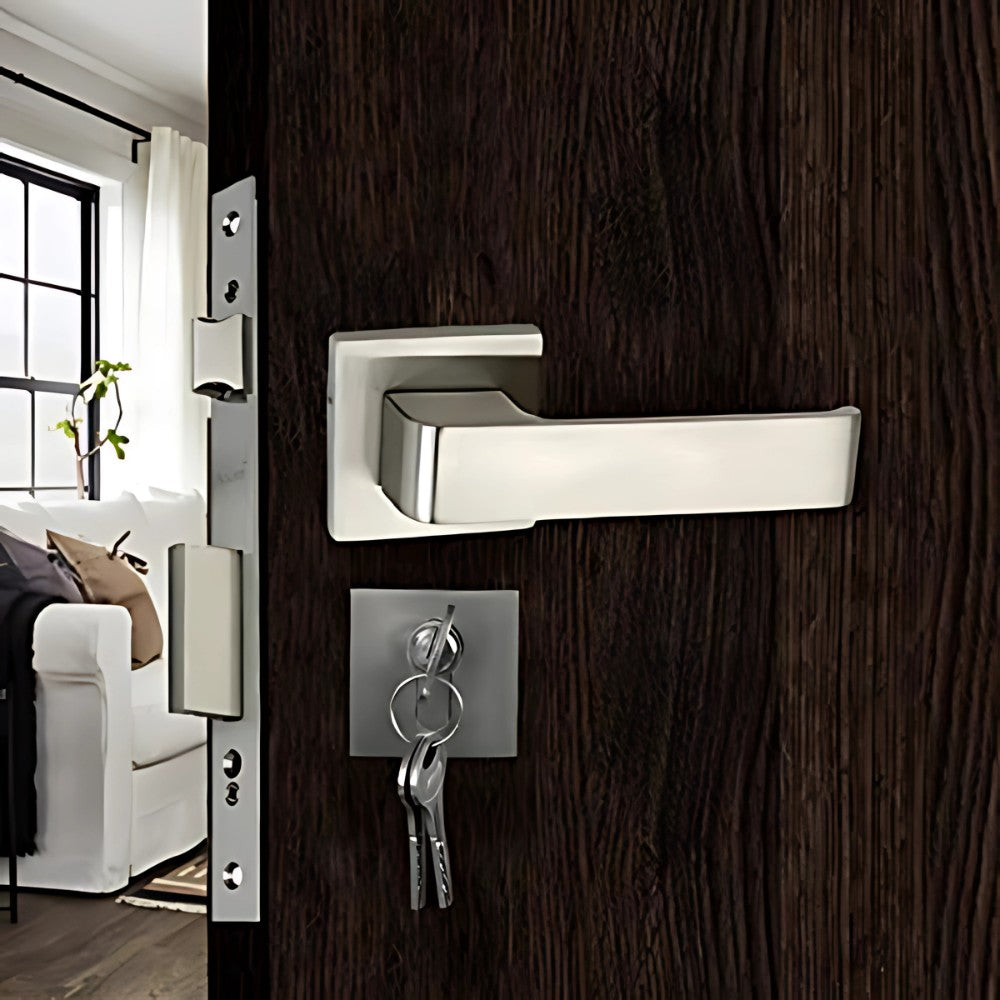 Mortise Rose Door Handle Set with Lock Body, 3 Keys, Silver Satin Finish (O-33Rose)