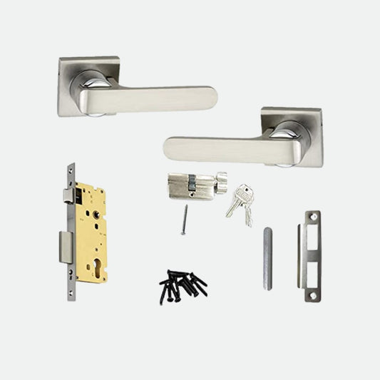 Mortise Rose Door Handle Set with Lock Body, Silver Satin Finish, 10 Inch Lock Body (3 Keys) (O-35Rose)