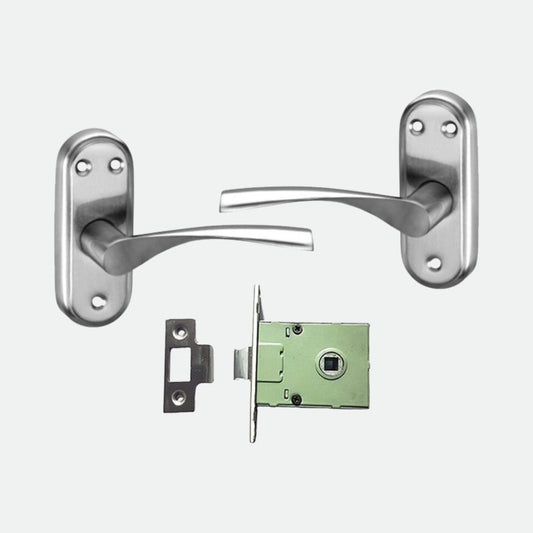 Stainless Steel Bathroom Door Lock, Mortise Door Handle with Baby Latch Lock, Silver Satin Finish (INNOVA-BL)