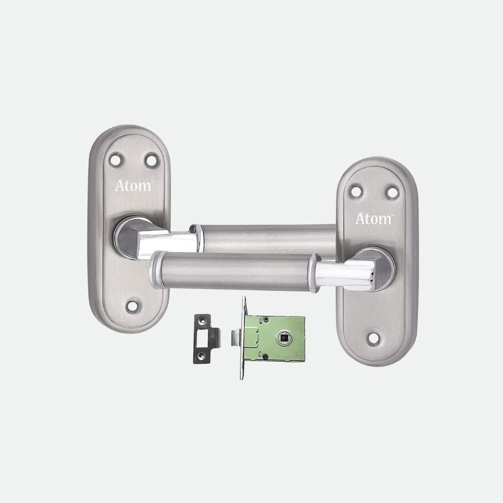 Stainless Steel Bathroom Door Lock, Silver Satin Finish, Keyless Mortise Handle with Baby Latch (Skoda-BL)