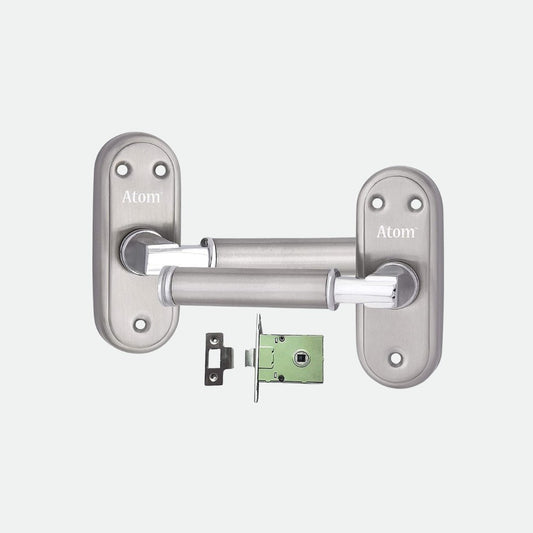 Stainless Steel Bathroom Door Lock, Silver Satin Finish, Keyless Mortise Handle with Baby Latch (Skoda-BL)
