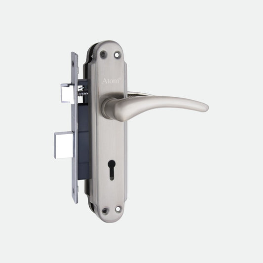 Stainless Steel Mortise Door Handle Set with Lock Body, Silver Satin Finish (Alfa)