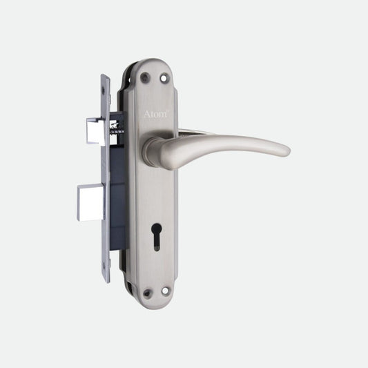 Stainless Steel Mortise Door Handle Set with Lock Body, Silver Satin Finish (Gama)