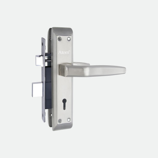 Stainless Steel Mortise Door Handle Set with Lock Body, Silver Satin Finish (Linus)