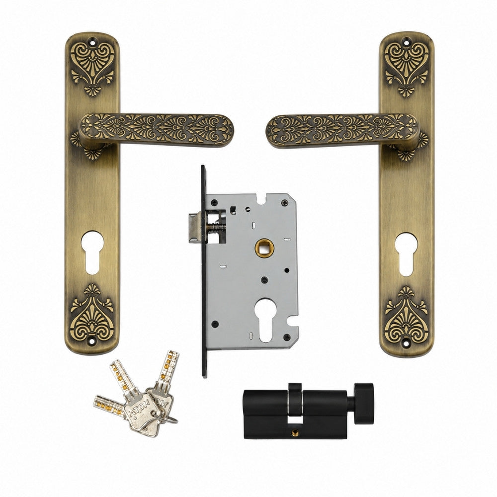 Triveni 10.5 Inch Mortise Handle Set with Key Lock, Antique Finish Zinc Door Lock (1 Side Key Operation) (MH-TRI)
