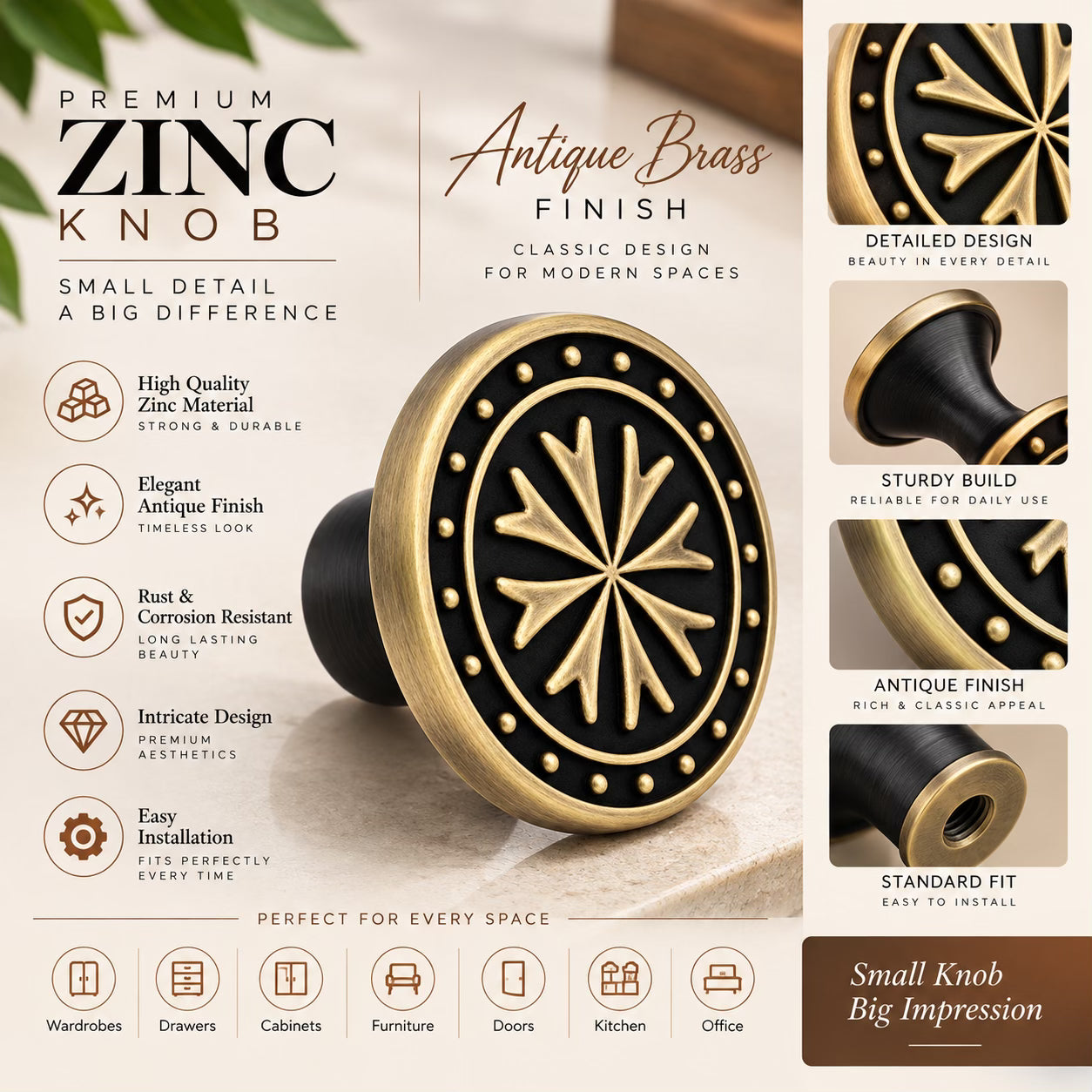 Atom Pack of 6 | 1.6 inches Zinc Knob | Finish Brass Antique | For Cabinet, Drawer, Almirah | knob for Furniture-ZK607