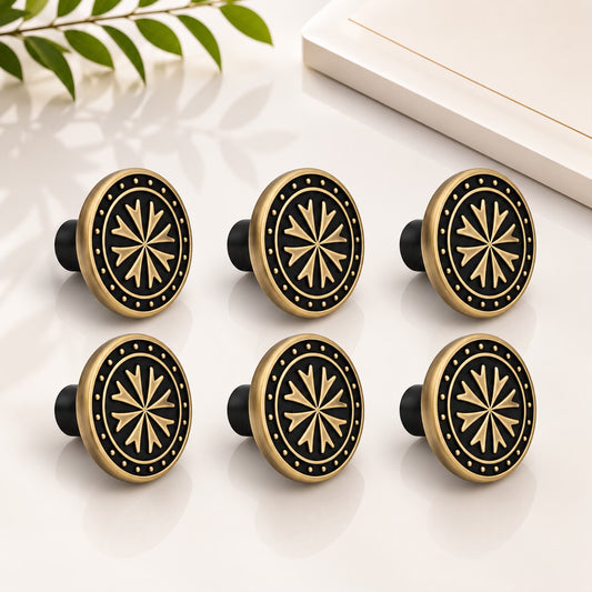Atom Pack of 6 | 1.6 inches Zinc Knob | Finish Brass Antique | For Cabinet, Drawer, Almirah | knob for Furniture-ZK607