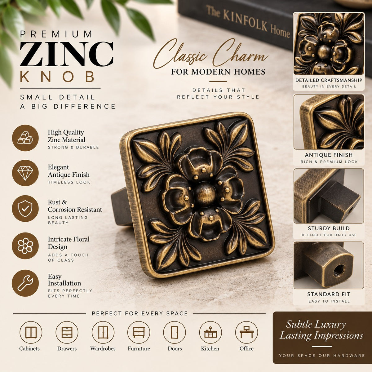 ZK-611 Designer Cabinet Knob | Antique & Rose Gold Furniture Knob | Pack of 6