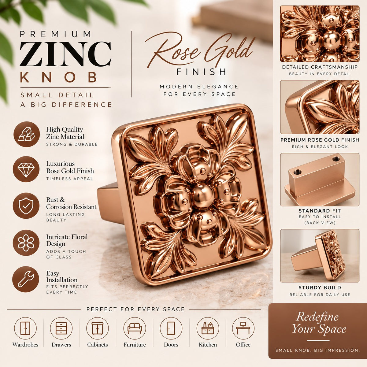 ZK-611 Designer Cabinet Knob | Antique & Rose Gold Furniture Knob | Pack of 6