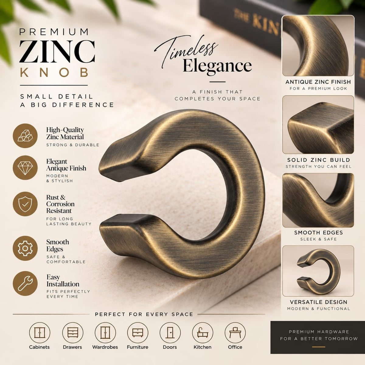 ZK-629 Designer Cabinet Knob | Brass Antique Modern Furniture Knob | Pack of 6