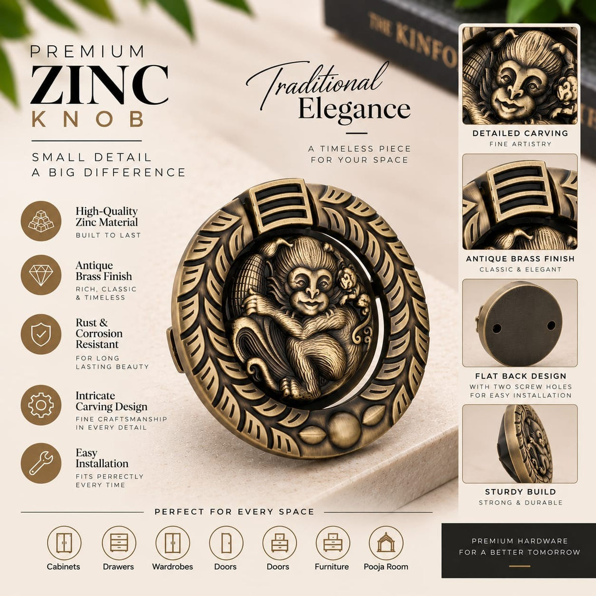 ZK-717 Designer Cabinet Knob | Brass Antique Decorative Furniture Knob | Pack of 6