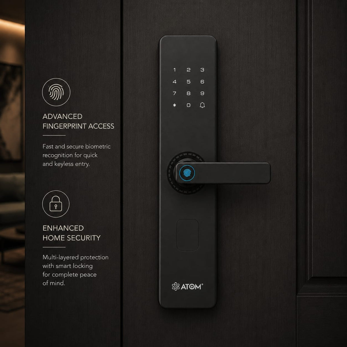 Atom Smart Finger Print Door Lock – 6-Way Keyless Entry with Fingerprint, Password, RFID & App Control