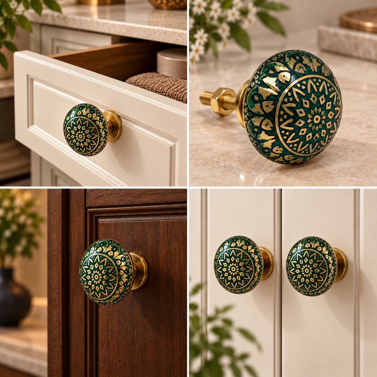 Brass Cabinet Knobs, Finish Green Gold (1.45 Inches) (BK-Lavender-GG) | Pack of 6