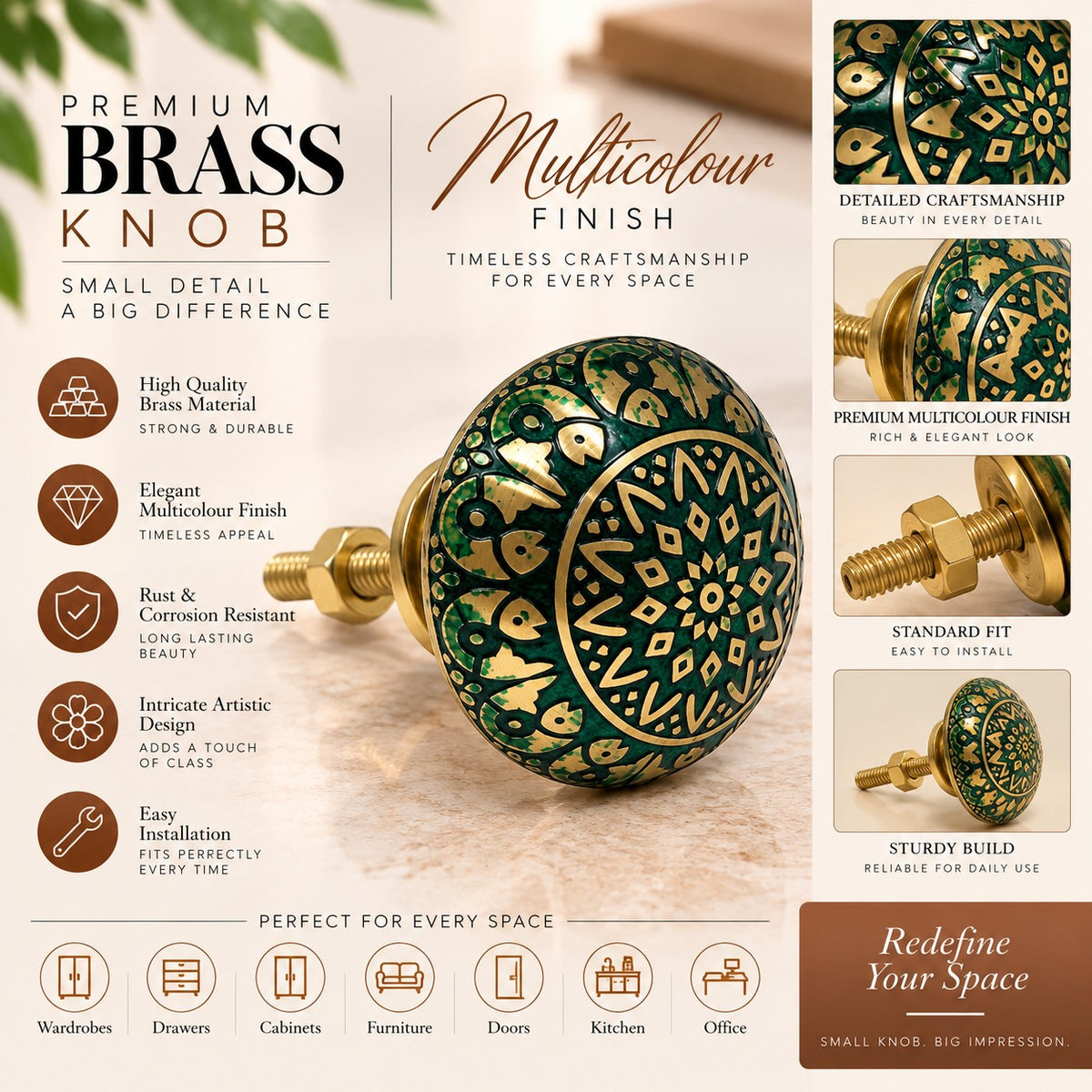 Brass Cabinet Knobs, Finish Green Gold (1.45 Inches) (BK-Lavender-GG) | Pack of 6